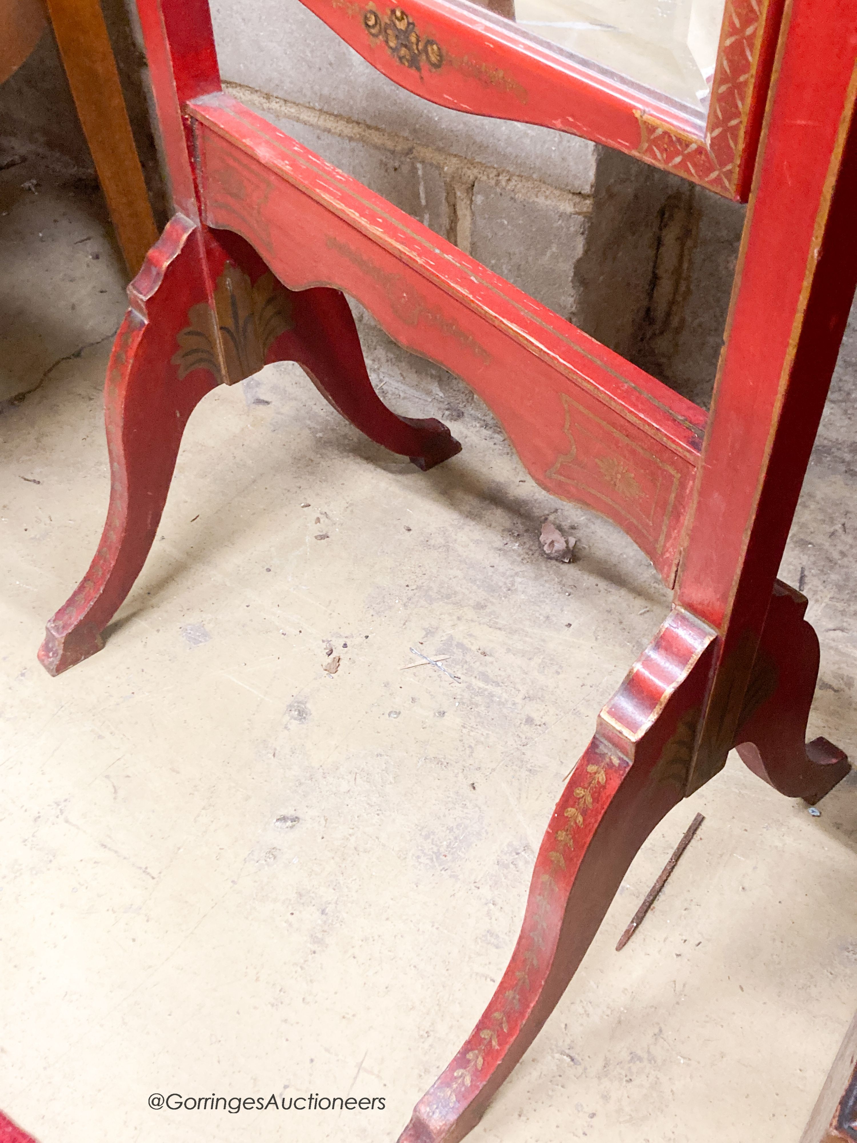 A 1920's red chinoiserie lacquer cheval mirror, width 49cm, height 156cm